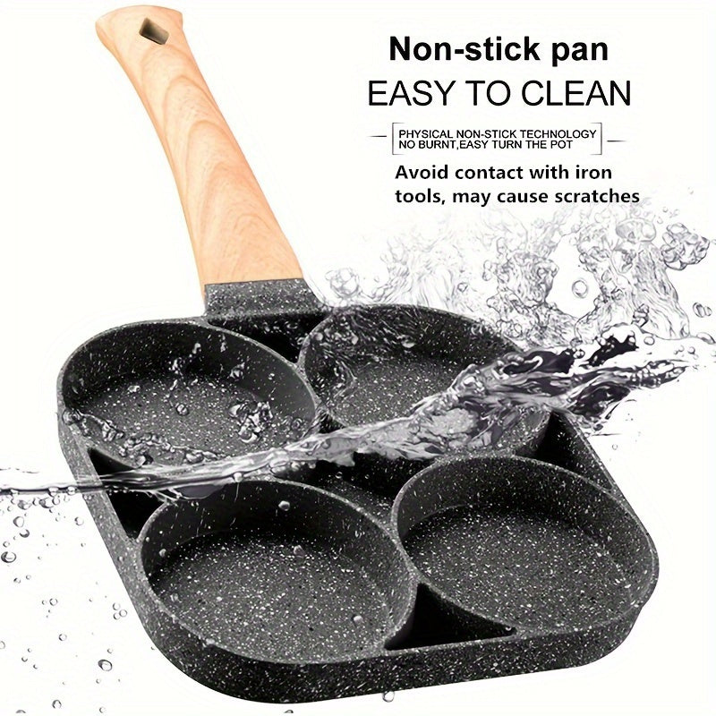 4-Hole Non-Stick Frying Pan with Wooden Handle - Maifanstone Coating, Induction Compatible, Durable Cookware for Eggs, Pancakes, and More, Modern Kitchen Cookware | Ideal Gift For Holidays, Christmas, Halloween, Frying Pan Fo