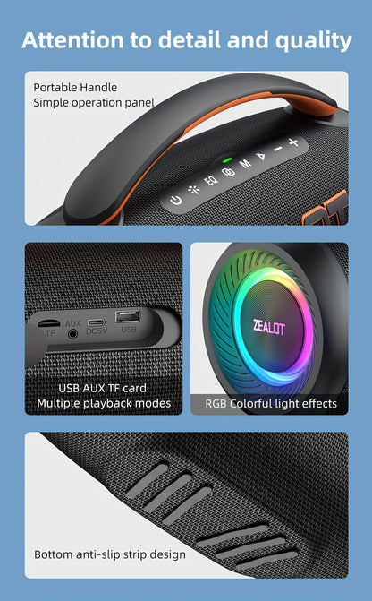 ZEALOT 60W Subwoofer Speaker, Wireless Speaker with Handle, 8000mAh Battery, Easy to Carry, RGB Lights, EQ Mode, TWS Pairing, Booming Bass. IPX5 High Quality, Great for Parties And Gatherings. for Home, Car, Camping-ZEALOT P1