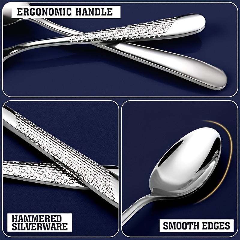 20/40-piece silverware cutlery set, textured hammer handle, durable cutlery including spoons, forks, knives, high-quality mirror-polished stainless steel, dishwasher safe, suitable for home kitchens, restaurants, hotels, and parties.