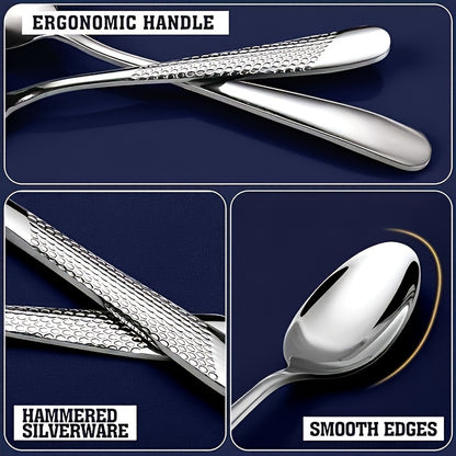 20/40-piece silverware cutlery set, textured hammer handle, durable cutlery including spoons, forks, knives, high-quality mirror-polished stainless steel, dishwasher safe, suitable for home kitchens, restaurants, hotels, and parties.