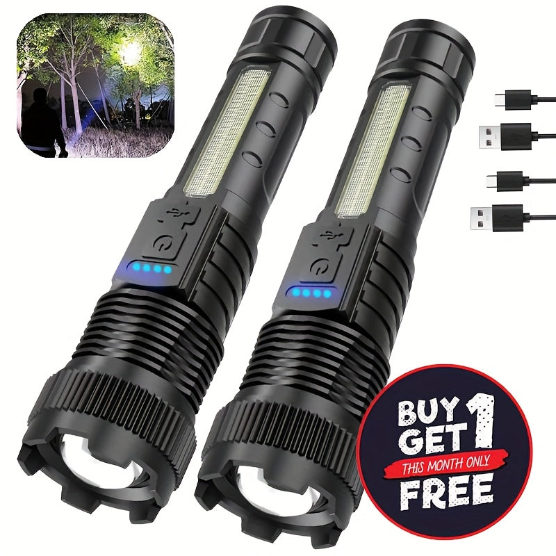 2pcs Flashlights High Lumens Rechargeable LED with USB-C, 6 Light Modes, Zoomable &amp; USB-C Cable Included, USB-Powered Handheld Torch for Camping, Emergency, Outdoor - Buy 1 Get 1 Free (Cob Side Light, Flash, Survival Gadgets,