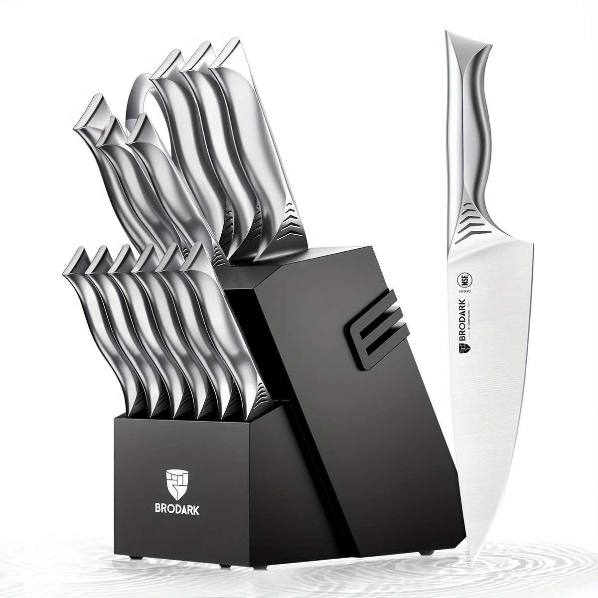 Brodark Kitchen Knife Set With Block, 15pcs Knife Block Set With Built-in Sharpener, Stainless Steel Knives Set For Kitchen, NSF Certified Kitchen Knives, Shark Series