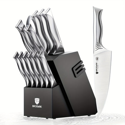 Brodark Kitchen Knife Set With Block, 15pcs Knife Block Set With Built-in Sharpener, Stainless Steel Knives Set For Kitchen, NSF Certified Kitchen Knives, Shark Series