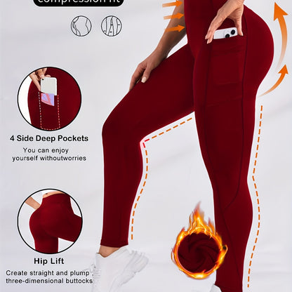 Women's Plus Size Fleece-Lined Yoga Pants with Side Pockets - Elegant, Stretchy & Warm for Fall/Winter, Elegant Special Project Style, Winter