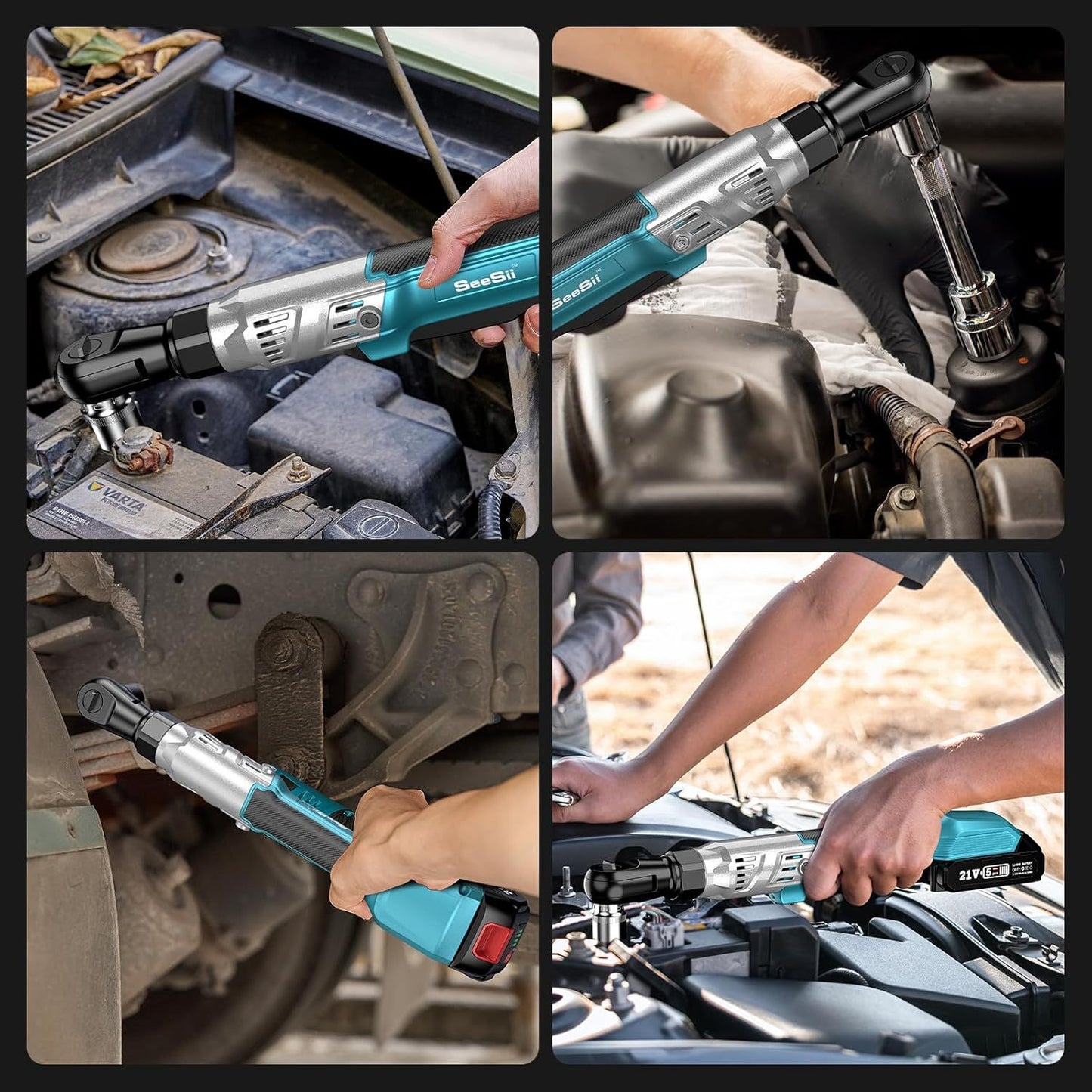 Chave de roquete sem fios Seesii 3/8", 90 N.m 200 RPM, chave de roquete elétrica de 200 RPM e 90 N.m, 2 baterias de 2,0 A e carregador, gatilho de velocidade variável, 8 tomadas, adaptador de 1/4" e 1/2", barra de extensão de 3".