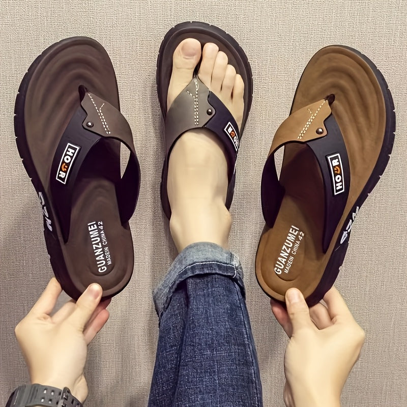 Chinelo de dedo casual de verão para homem - Resistente a odores, antiderrapante, durável, com sola macia e tira ajustável, design castanho e preto para uso diário e ao ar livre, calçado de praia | Chinelo de dedo elegante | Sola em PVC durável, sandália