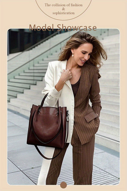 Women'S Genuine Leather Tote & Crossbody - Elegant Minimalist Hand with Golden-Tone Hardware, Zipper Closure, Golden-Tone Hardware &, Sturdy Base For Everyday & Formal Use, Versatile Accessory, Sleek Design, Durable Construct