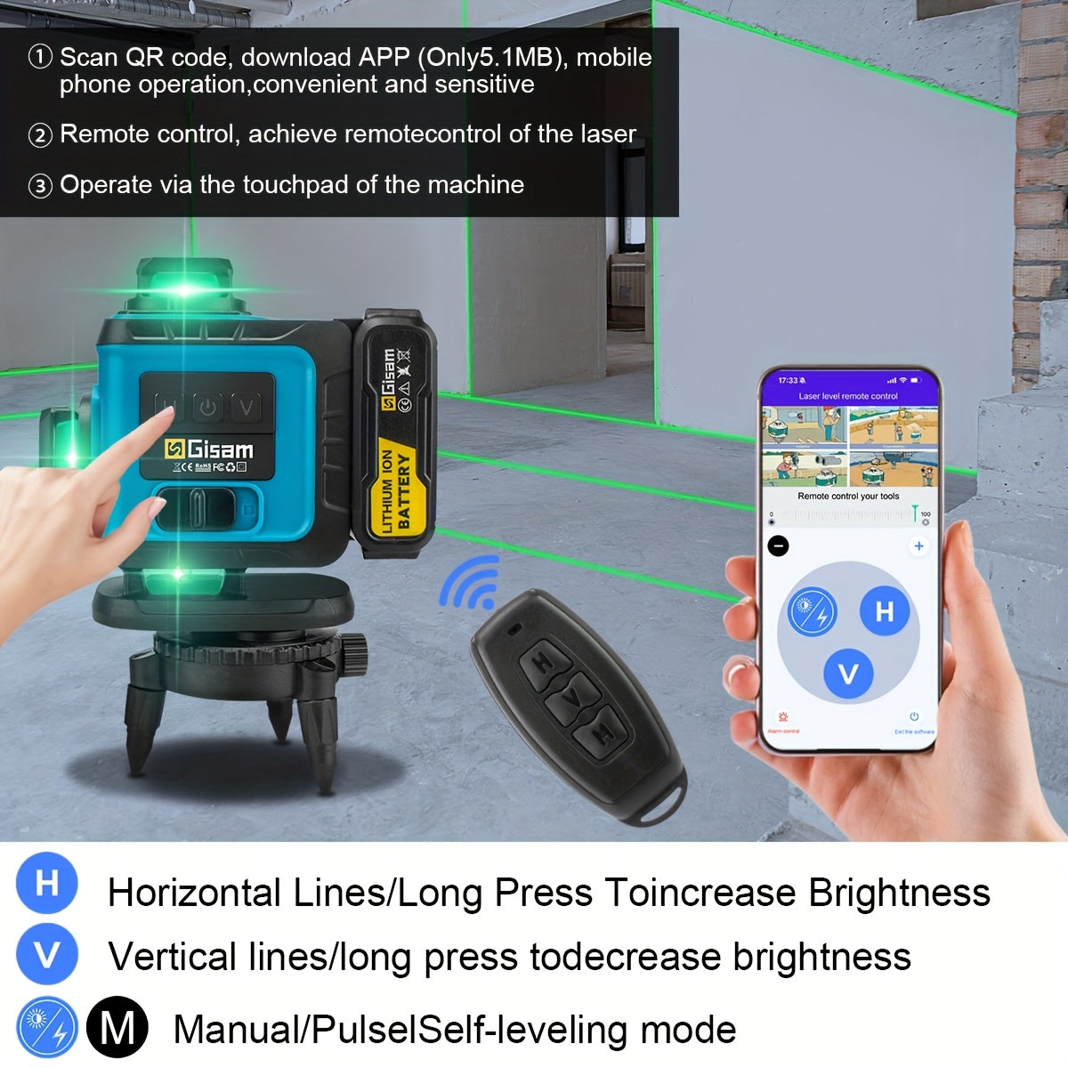 Gisam Multifunctional 16 Lines 4D Green Laser Level with Tripod & App Control, 360° Self-Leveling Horizontal & Vertical Cross Lines, USB & Battery Powered, Includes Carrying Case, Super-Powerful Beam, Portable Design for Ind
