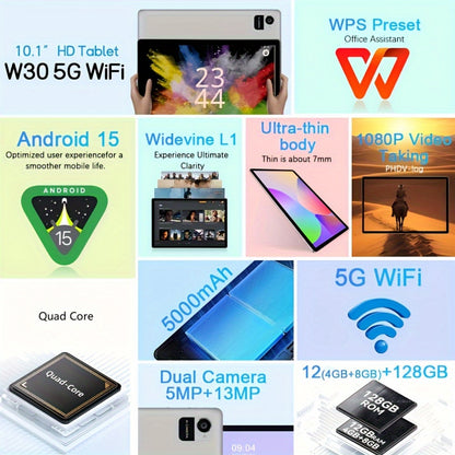 CRELANDER W30 2 in 1 Tablet PC Android 15 Tablet, RAM 12GB (4+8GB Expand)+128Gb ROM, with Case, (Keyboard, Mouse, Pen) Can Optional, 2.4G/5G Wifi, GMS, GPS, Google, Pad, Tablet PC, Tablet, Pad