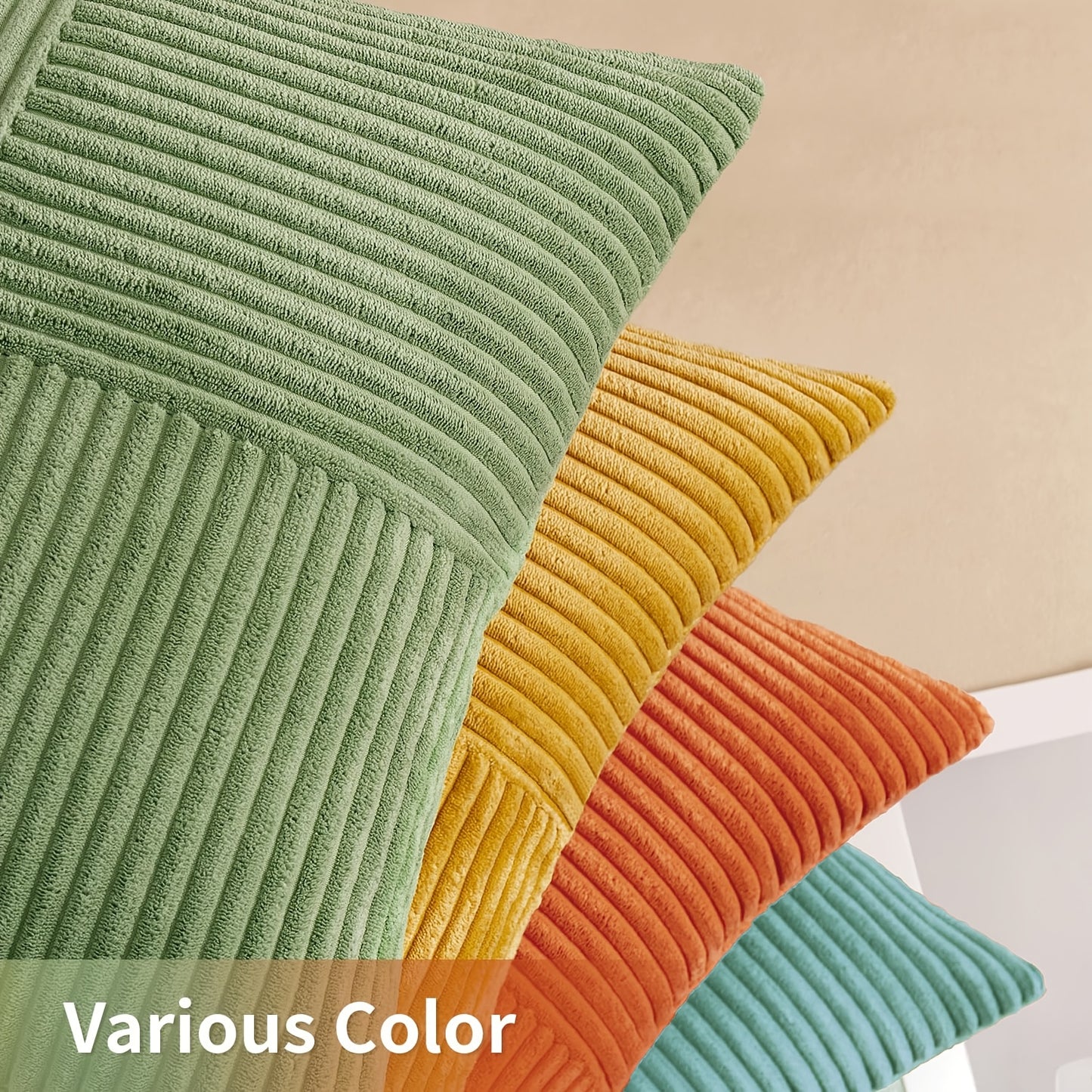 4pcs Bohemian Style Patchwork Textured Gradient Throw Pillow Covers, 30.48cm*50.8cm, 45.72cm*45.72cm, Soft Corduroy Decor Cushion Covers in Green, Orange, Teal, Yellow, Zip Closure, Hand Wash Only, Polyester Fiber, Farmhouse