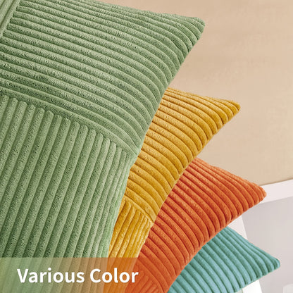 4pcs Bohemian Style Patchwork Textured Gradient Throw Pillow Covers, 30.48cm*50.8cm, 45.72cm*45.72cm, Soft Corduroy Decor Cushion Covers in Green, Orange, Teal, Yellow, Zip Closure, Hand Wash Only, Polyester Fiber, Farmhouse