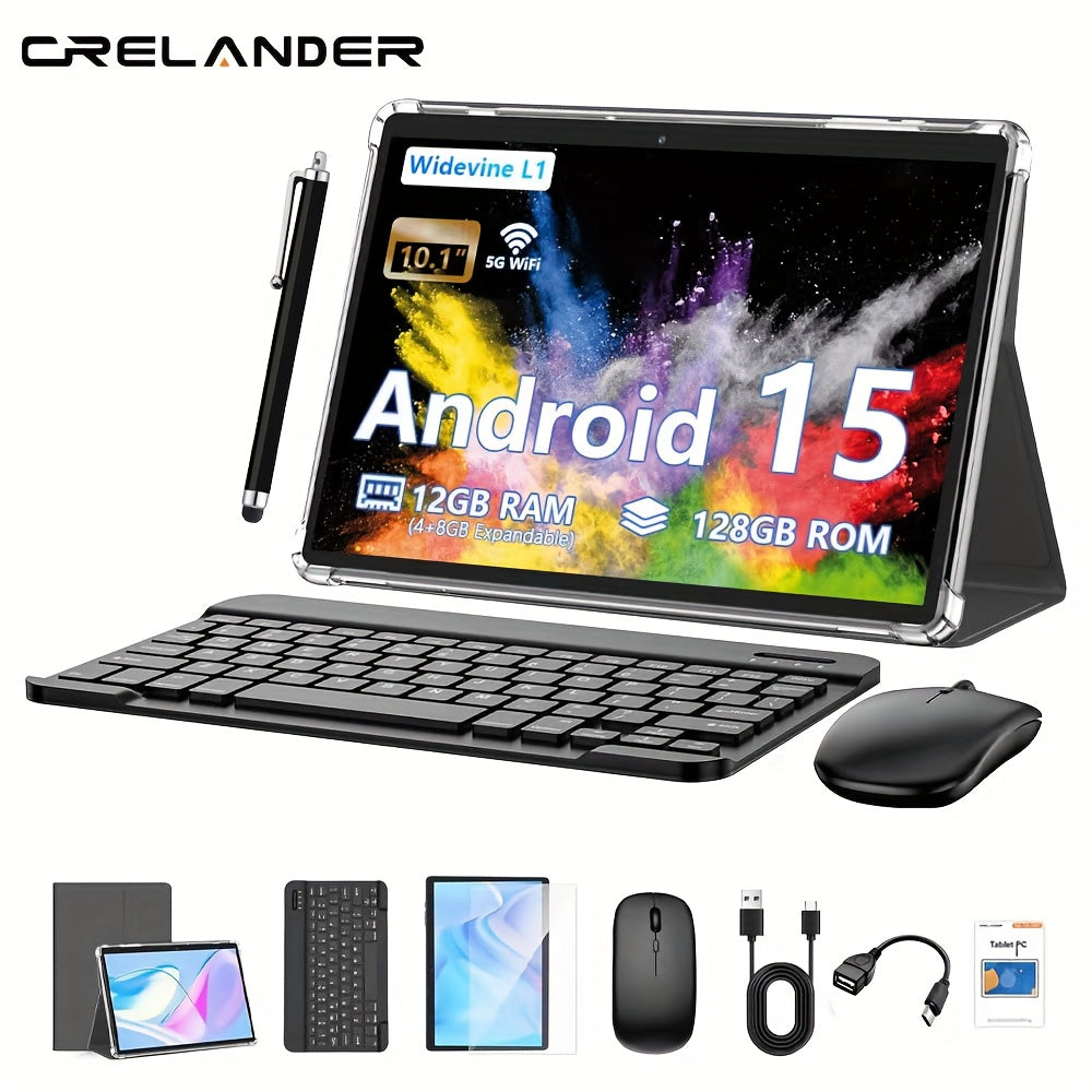CRELANDER W30 2 in 1 Tablet PC Android 15 Tablet, RAM 12GB (4+8GB Expand)+128Gb ROM, with Case, (Keyboard, Mouse, Pen) Can Optional, 2.4G/5G Wifi, GMS, GPS, Google, Pad, Tablet PC, Tablet, Pad