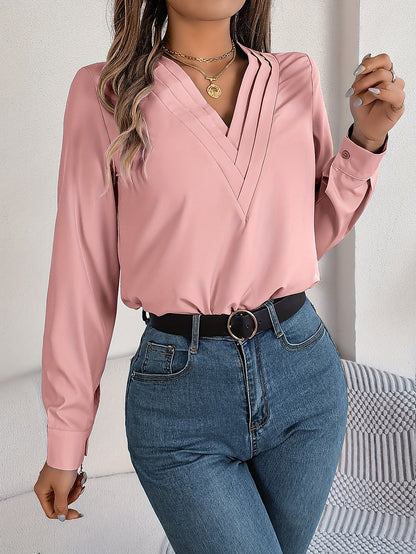 Women'S Elegant V-Neck Long Sleeve Shirt, Solid Color Polyester Blouse with Triple V-Cut, 95% Polyester 5% Elastane, Woven Fabric, 120g/m², for Spring/Summer/Fall - Adult
