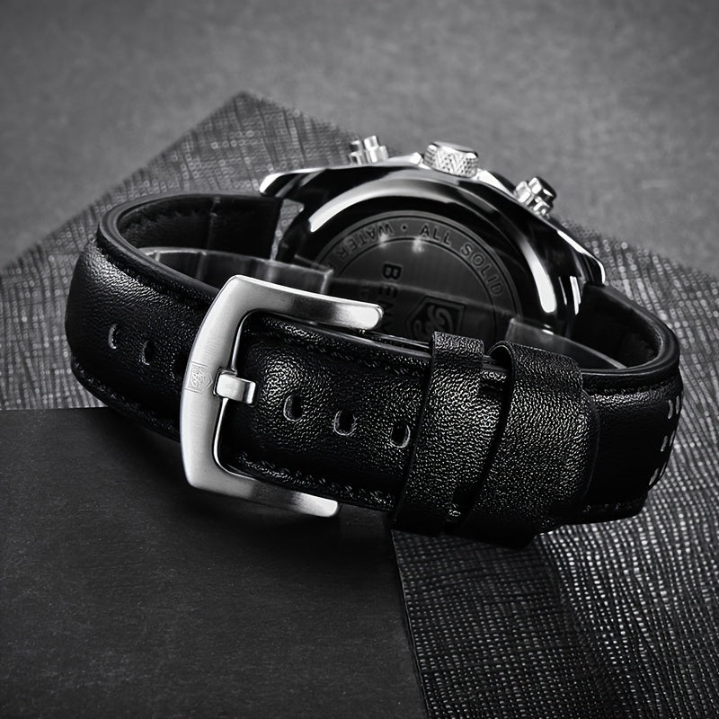 BENYAR Men's Quartz Chronograph Watch with Faux Leather Strap, 30m Waterproof, Fashionable Sport and Business Design, Elegant Gift for Men, Multifunctional, Calendar