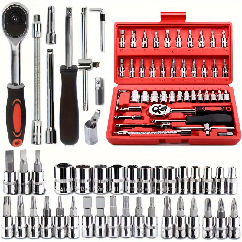 Kit de ferramentas para reparação de automóveis com 46 peças, conjunto de chaves de roquete de 1/4" com conjunto versátil de chaves de caixa e extensão, kit de ferramentas combinado para reparação de automóveis, motos e bicicletas.
