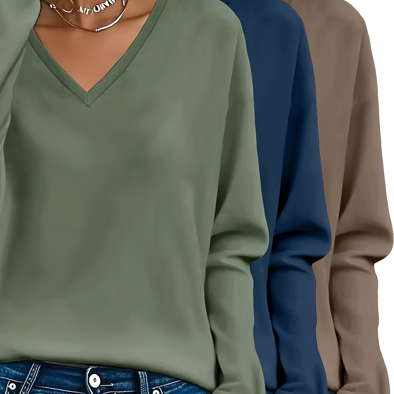 3pcs Women'S 100% V-Neck Long Sleeve T-Shirts - Soft, Durable, and Comfortable Casual Wear for All Seasons, Perfect for Holidays, Graduations, and Everyday Style, Everyday Comfort Wear | Minimalist Style | Soft Fabric Tee