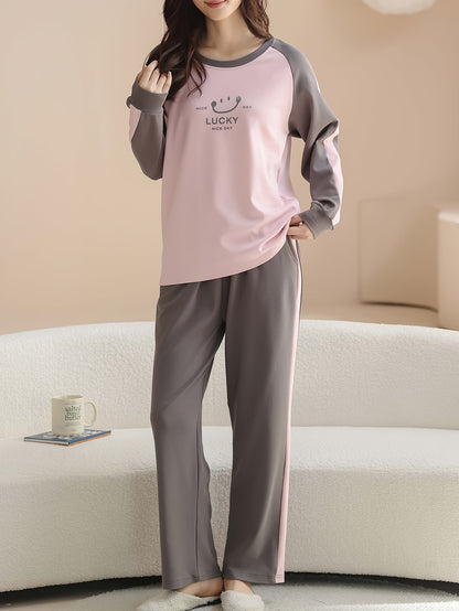 Women'S Cozy Long Sleeve Pajama Set - Soft Pink & Gray, "Lucky Day" Design, Casual Crew Neck, Long Length, Perfect for Fall/Winter, Comfortable Home Wear, Cozy Clothing | Playful Design | Soft Fabric, Ladie Long Sleeve Nightd