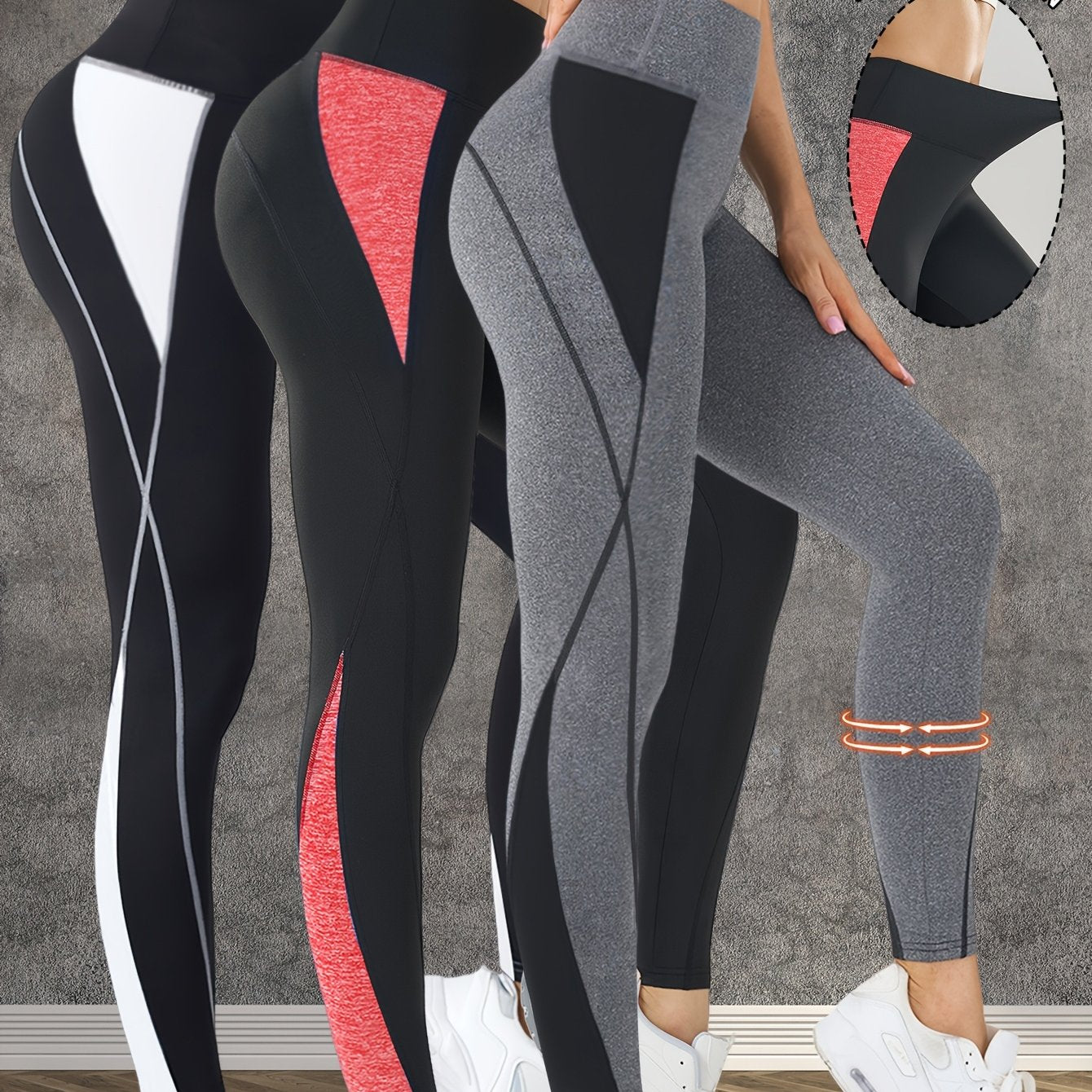 3-Pack Women's High-Waisted Yoga Pants - Tummy Control Butt-Lifting Workout Leggings, Breathable Stretchy Fitness Pants with Color-Block Design for Gym Running Training, Spring Summer Fall Essentials, Seasonal Activewear, Con