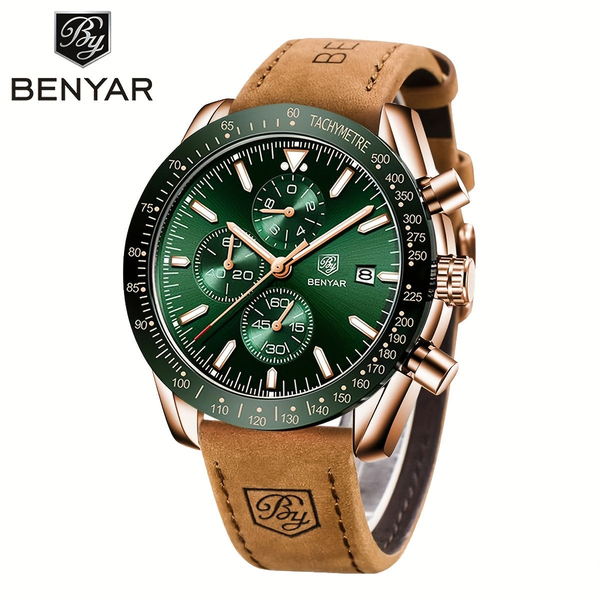 BY BENYAR Men'S Quartz Chronograph Watch - Luminous, Stainless Steel, Blue Dial with Date & Stopwatch, Faux Leather Strap, Elegant Business & Casual Style, Perfect Gift for Men, Professional Chronograph | Sleek Watch Design |