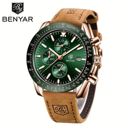 BY BENYAR Men'S Quartz Chronograph Watch - Luminous, Stainless Steel, Blue Dial with Date & Stopwatch, Faux Leather Strap, Elegant Business & Casual Style, Perfect Gift for Men, Professional Chronograph | Sleek Watch Design |