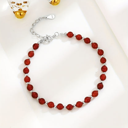 925 Pure Silvery Material Versatile Round Bead Red Agate Bracelet, Temperament Jewelry, Light Luxury Style, Gemstone Bead Bracelet, Women's Trendy Accessory, Gift Box Included