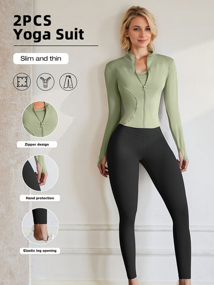 European Code Polyester Fabric Gym Running Clothes Long Sleeve Sports Jacket Cycling and Walking Tightening Buttocks Pants Fitness Suit