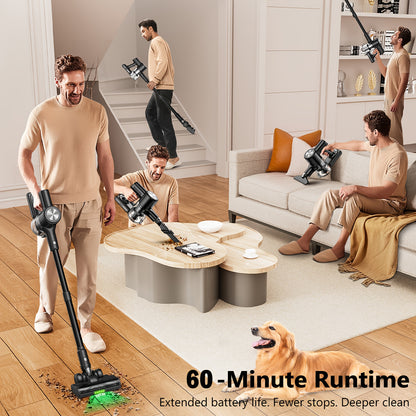 Cordless Vacuum Cleaner, Lightweight Powerful Stick Vacuum Cleaner, 60 Mins Runtime, Self-Standing, Stick Vacuum With Charging Dock Station, Upgraded Green Light&Anti-Tangle FloorBrush, Handheld Vacuum For Pet Hair/Carpet/Flo