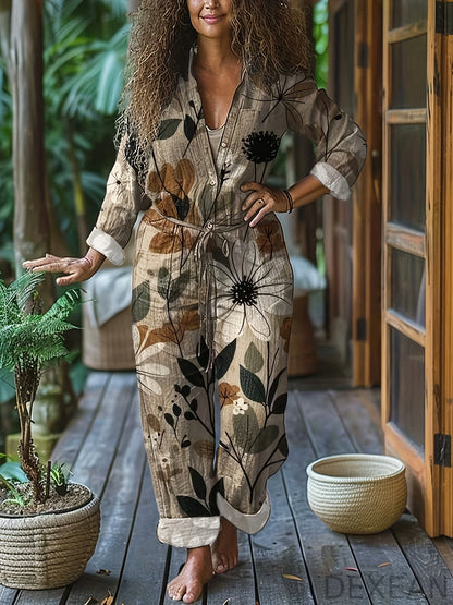 Women'S Floral Print Jumpsuit - Long Sleeve Loose Fit Pantsuit with Belt, Non-Stretchy Fabric for Fall/Winter, Office, Party, Everyday Outfit - Women'S Clothing, Office Attire, Retro Fashion, Quality Stitching, Stylish Romper