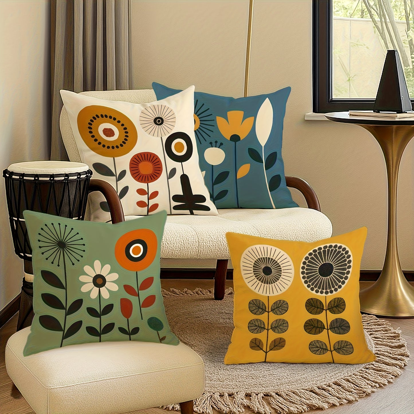 4pcs Vibrant Floral Plush Pillow Covers - Modern Abstract Design in Yellow, Blue, Green with Daisies & Vases, Soft & Cozy Decorative Cushion Cases for Living Room, Bedroom, Sofa - Machine Washable, Zipper Closure, No Inserts,