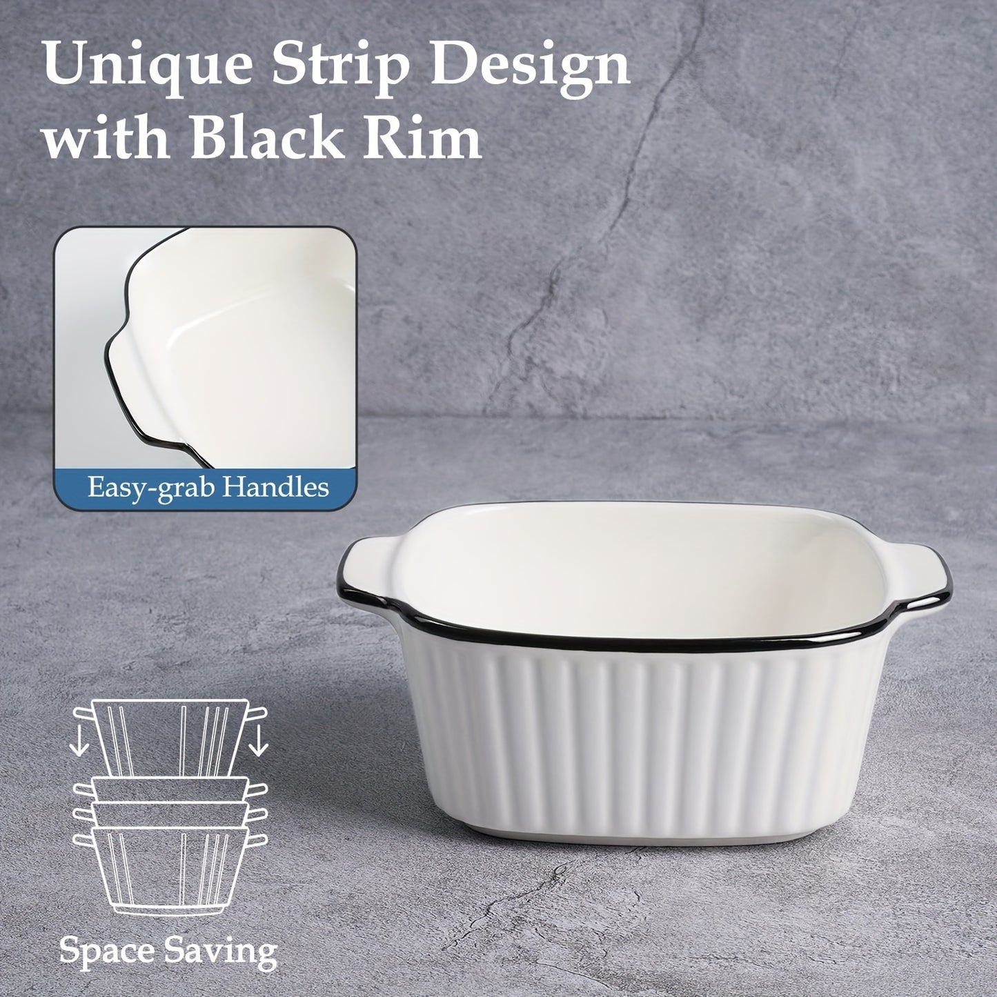 4pcs, 13oz ceramic baking dishes, black-rimmed square baking dishes, small baking dishes suitable for air fryers, ceramic bakeware with handles, oven-safe, microwave-safe, dishwasher-safe. Kitchen supplies. Dessert bowls. Fru
