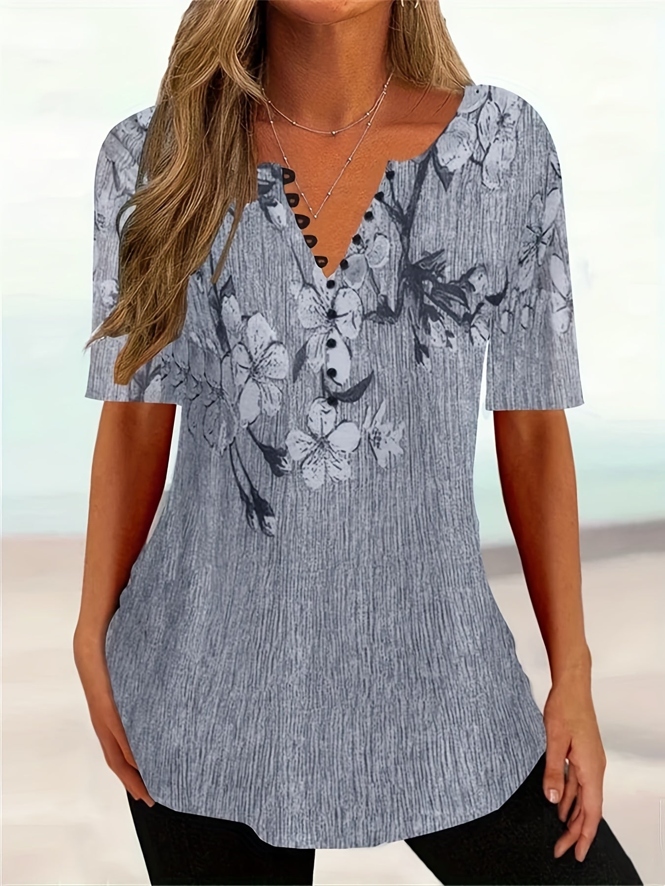 Floral Print Button Front T-shirt, Casual Short Sleeve Summer T-shirt, Women's Clothing
