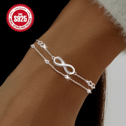 Double-Layered Infinity Synthetic Zirconia Cross Bead Bracelet, 925 Silver, Symbolizing Eternal Love, Perfect for Daily Wear and Christmas/Valentine's Day Gift for Mother Girlfriend, Hypoallergenic, Holiday Present, Daily Jew