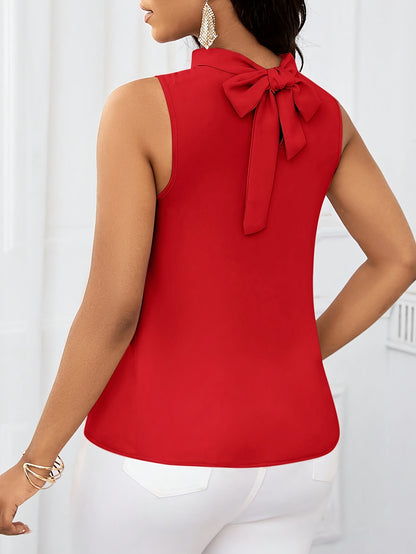 Women'S Fashion Solid Color High Neck Sleeveless Top, 100% Polyester, Lace-Up Detail, Woven Fabric, 120g/m², Regular Length, All-Season Wear