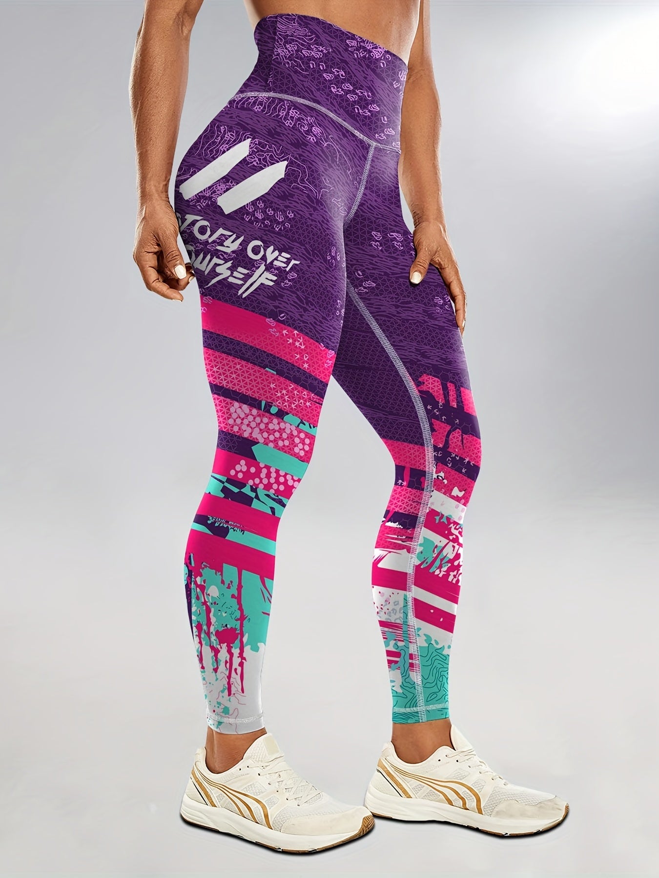 Women's Fashion Color Block Splash Print Yoga Pants, Striped Print Breathable Stretchy Butt Lifting Yoga Workout Running Sports Leggings, Women's Activewear