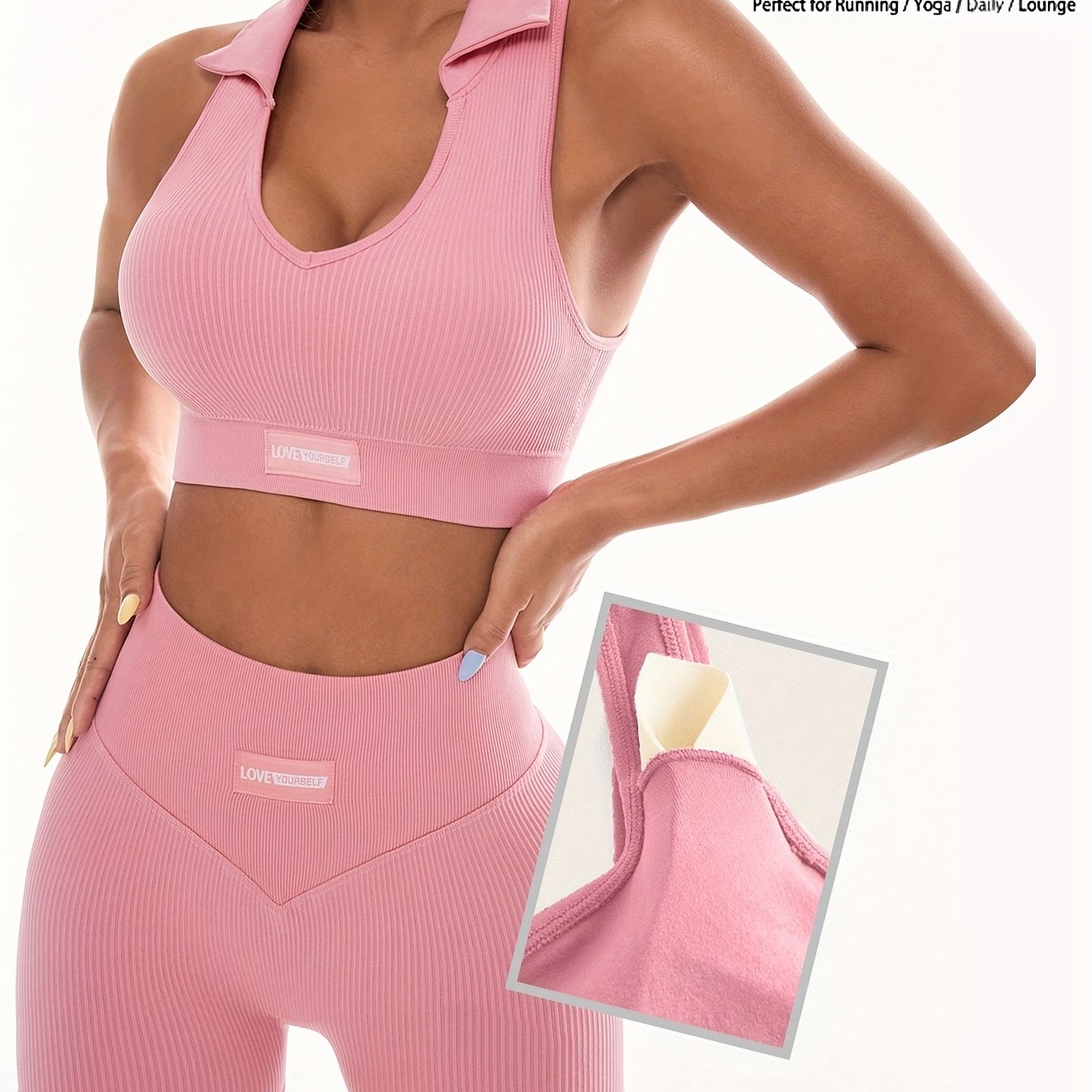 Women'S High Stretch Ribbed Fitness Set, Pink Sleeveless Sports Bra and Shorts with Removable Pads, Ideal for Running and Outdoor Activities