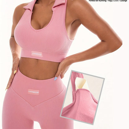 Women'S High Stretch Ribbed Fitness Set, Pink Sleeveless Sports Bra and Shorts with Removable Pads, Ideal for Running and Outdoor Activities