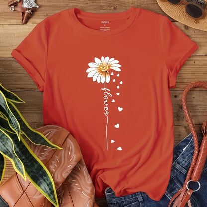 Faith Letter & Flower Print T-shirt, Casual Short Sleeve Crew Neck Top, Women's Clothing, Valentine's Day