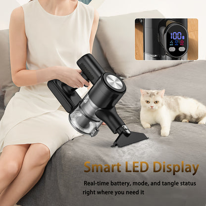 Aspirador sem fios, 45KPA, autoportante, para uso doméstico, com autonomia de 60 minutos, carregamento na parede, visor LED, luz verde melhorada e escova anti-emaranhamento para pelos de animais, alcatifas e pavimentos duros.