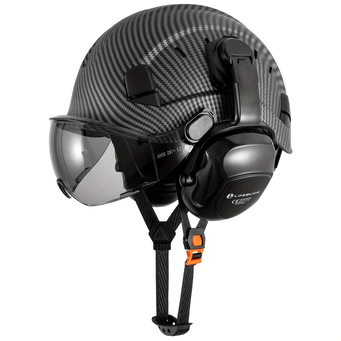 1 Set LOEBUCK Safety Helmet With Visor And Earmuffs, Logging Chainsaw Helmet, Carbon Fiber Patterned Safety Helmet For Lawn Mowing, Black Graphite Pattern, With Smoked Mask And Earmuffs