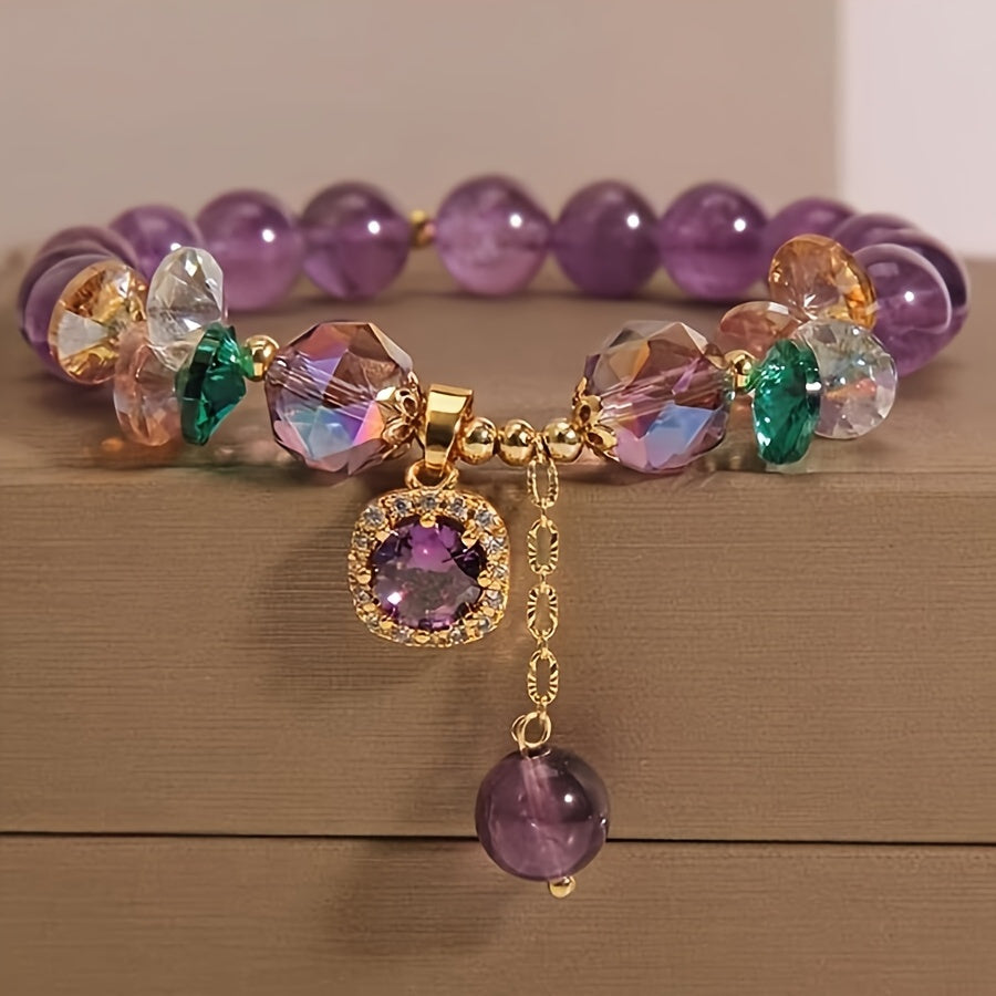 Classic Amethyst Bead Bracelet Featuring Cubic Zirconia, Non-Coated Fashion Jewelry for Women - Perfect for Everyday Use And Gifting