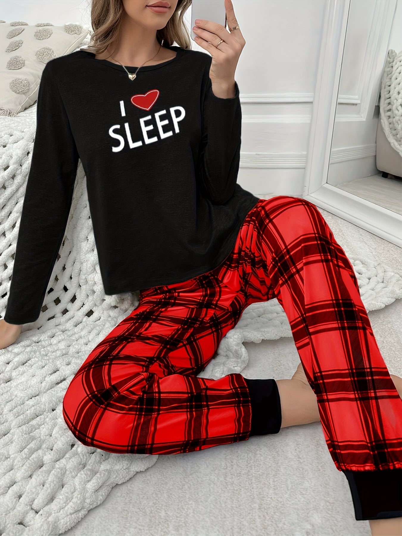 Autumn and Winter Women's Pajama Set with Long Sleeves, Pants, Cute Cartoon Heart Letter Print Plaid Lounge Wear