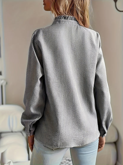 Striped Print Ruffle Trim Blouse, Elegant Long Sleeve Button Front Blouse For Spring & Fall, Women's Clothing