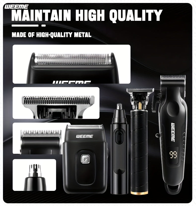WEEME 4pcs for Man's Grooming Kit Electric Hair Clipper + Beard Trimmer + Shaver + Nose Hair Trimmer, USB Rechargeable with LCD Display | Perfect Gift for Dad, Husband, Boyfriend (Father's Day/Birthday)