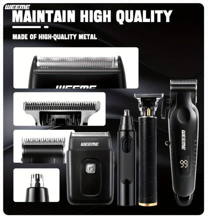 WEEME 4pcs for Man's Grooming Kit Electric Hair Clipper + Beard Trimmer + Shaver + Nose Hair Trimmer, USB Rechargeable with LCD Display | Perfect Gift for Dad, Husband, Boyfriend (Father's Day/Birthday)