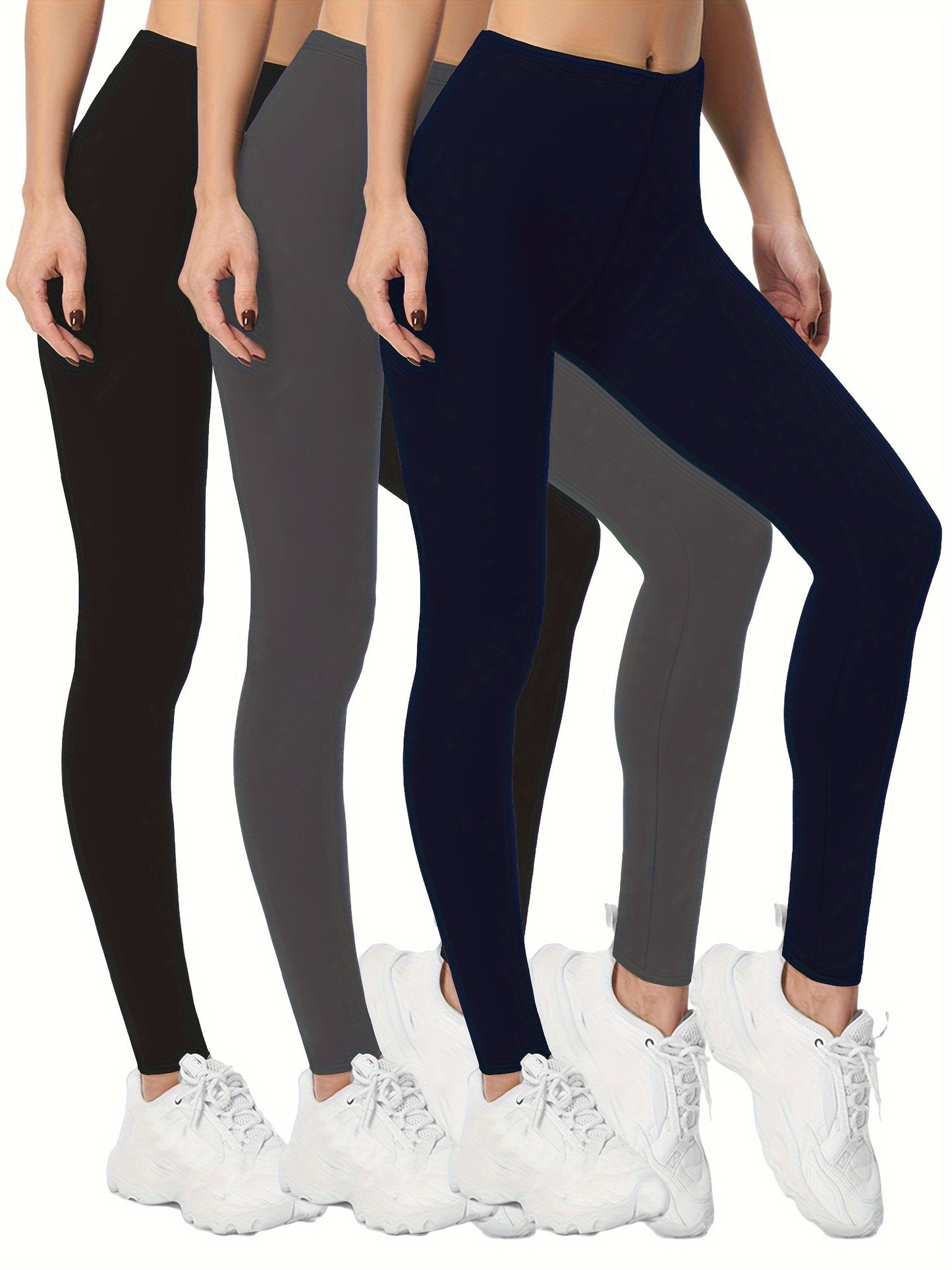 3-Pack High-Elasticity Slim-Fit 9/10 Length Pants - Solid Color Tight Waist All-Season Trousers, Machine Washable &amp; Dry Cleanable, Casual to Dressy Wear (Compatible with Skirts/Blouses) - Bulk Pack for Cost Savings &amp; Easy War