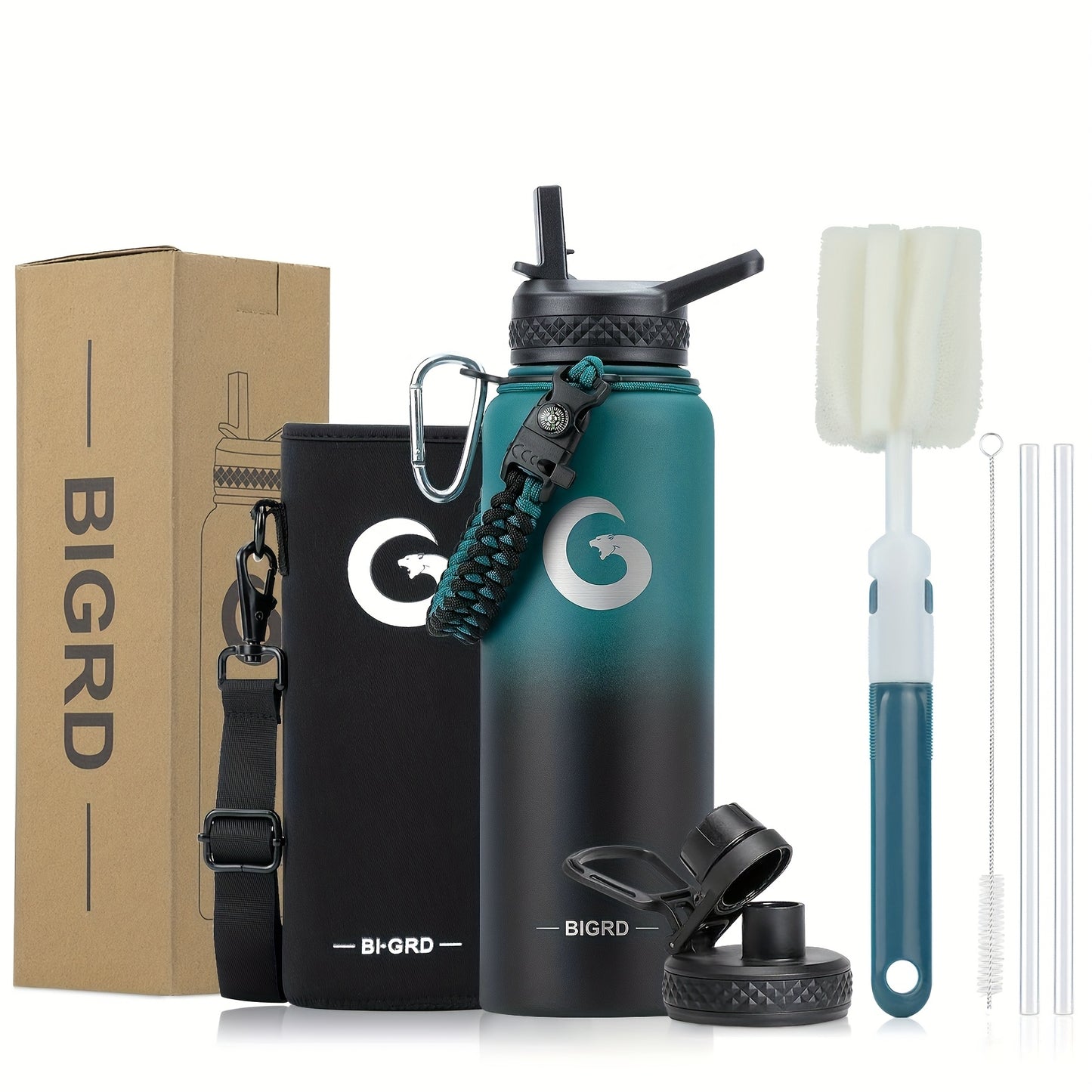1pc BIGRD 40Oz 64Oz Insulated Water Bottle 304 Stainless Steel Spray Coating Dishwasher Safe, with 2 Lids, Sling Cup Sleeve, Hand-Held Braided Rope, Cup Brush, 2 Straws And Straw Brush, Color Box Packaging