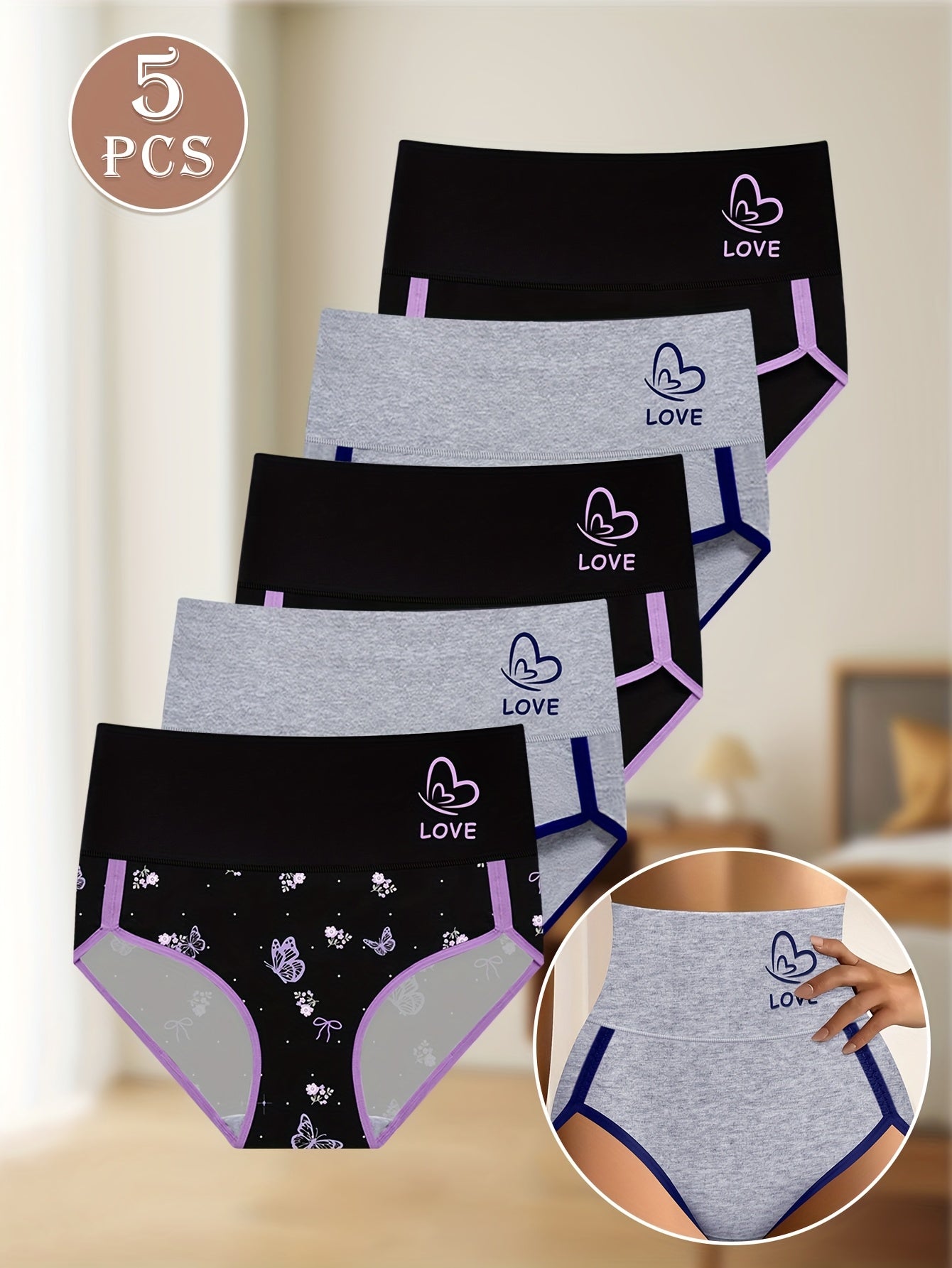 5pcs Women'S High-Waisted Shapewear Briefs - Comfortable Two-Tone Design with "LOVE" Heart & Paw Print Patterns, Breathable Polyester Blend, Sizes S-XXL, Cute Underwear, Highwaisted Underwear, Elegant Underwear, Comfortable F