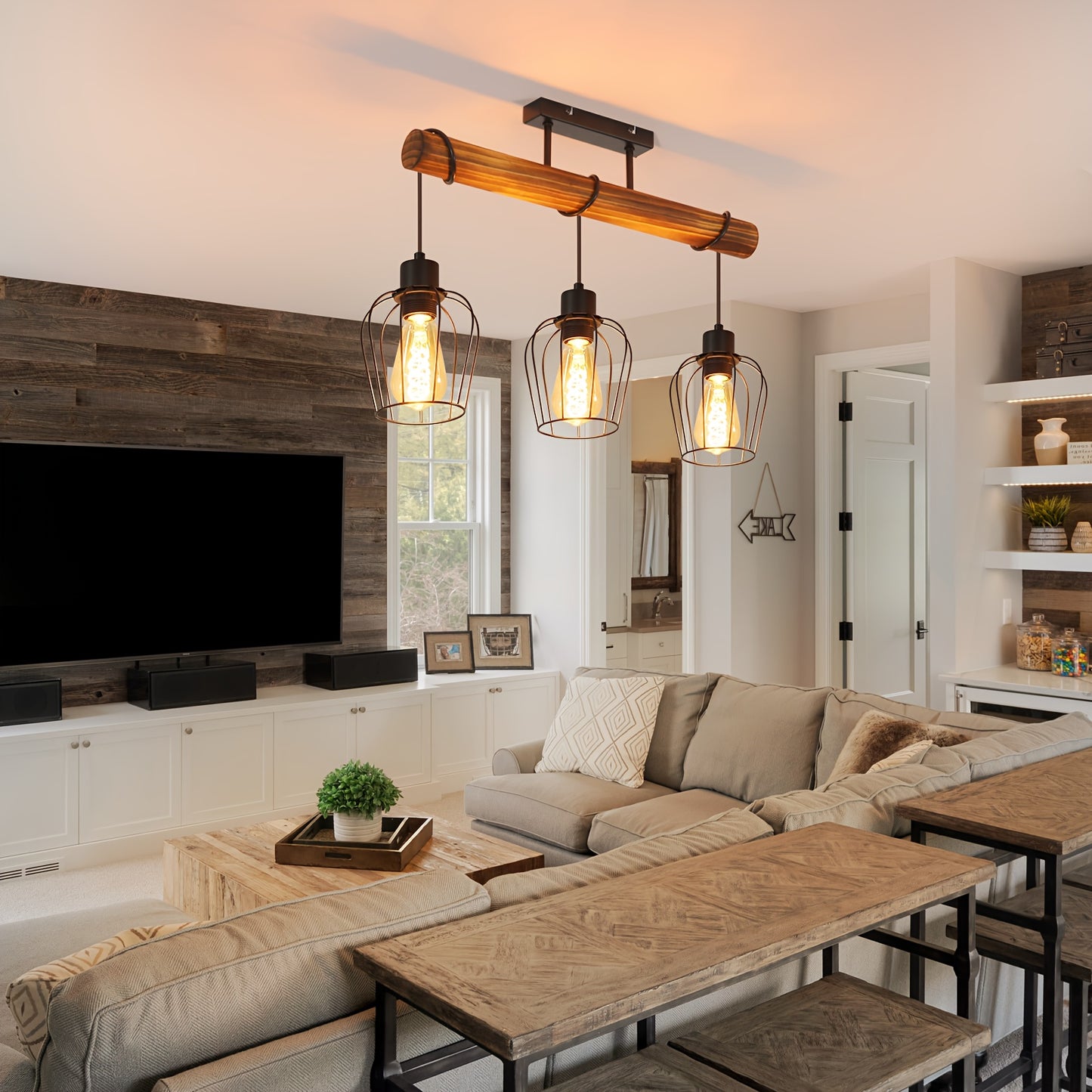 3 Bulbs Wooden Living Room Lamp Black - Socket: E27 - Vintage Ceiling Lamp, Height Adjustable Spotlight Made Of Metal And Wood (Without Bulb)