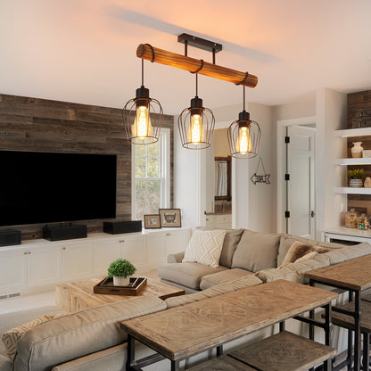 3 Bulbs Wooden Living Room Lamp Black - Socket: E27 - Vintage Ceiling Lamp, Height Adjustable Spotlight Made Of Metal And Wood (Without Bulb)