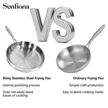 3pcs Sunfiona 316 Stainless Steel Bright Surface Frying Pan, Three-Layer Steel Material, Uncoated Frying Pan, Long-Handled Frying Pan, Wok, Suitable for A Variety Of Induction Cookers, Ovens, Fast Heating, Dishwasher Safe, Ho